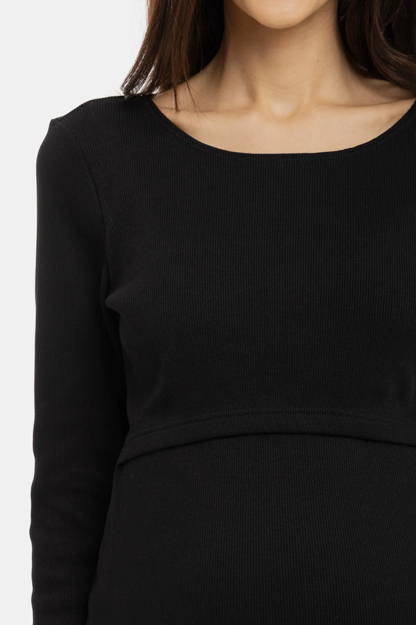 Langes geripptes Umstands- und Stillkleid mit langen Ärmeln – Schwarz