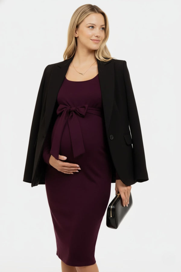 Elegante lange zwangerschapsjurk met brede riem - Bordeaux met Blazer