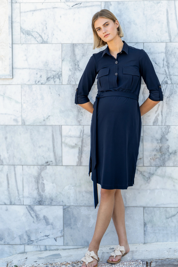 Elastisches Umstands- und Still-Blusenkleid – Dunkelblau