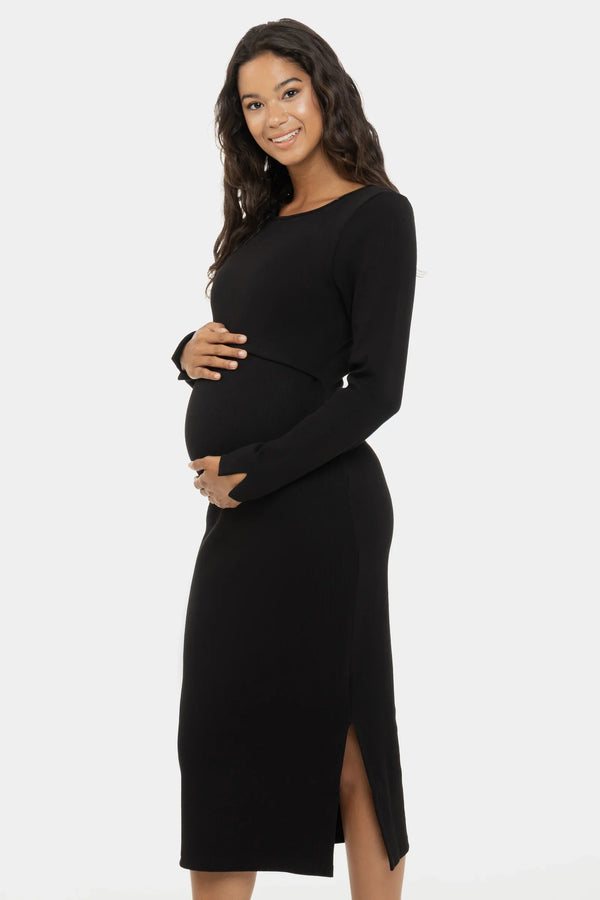 Langes geripptes Umstands- und Stillkleid mit langen Ärmeln – Schwarz