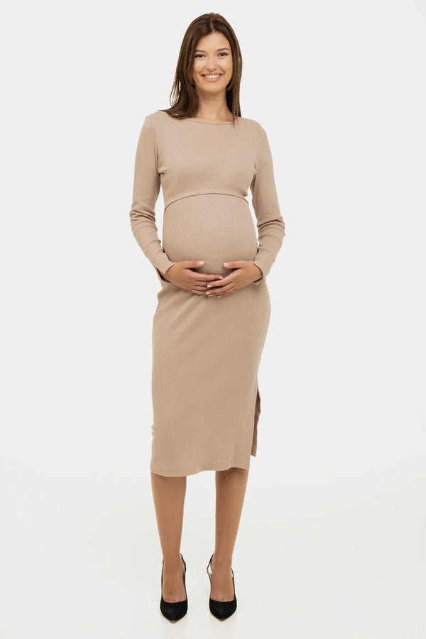 Langes geripptes Umstands- und Stillkleid mit langen Ärmeln – Puderrosa