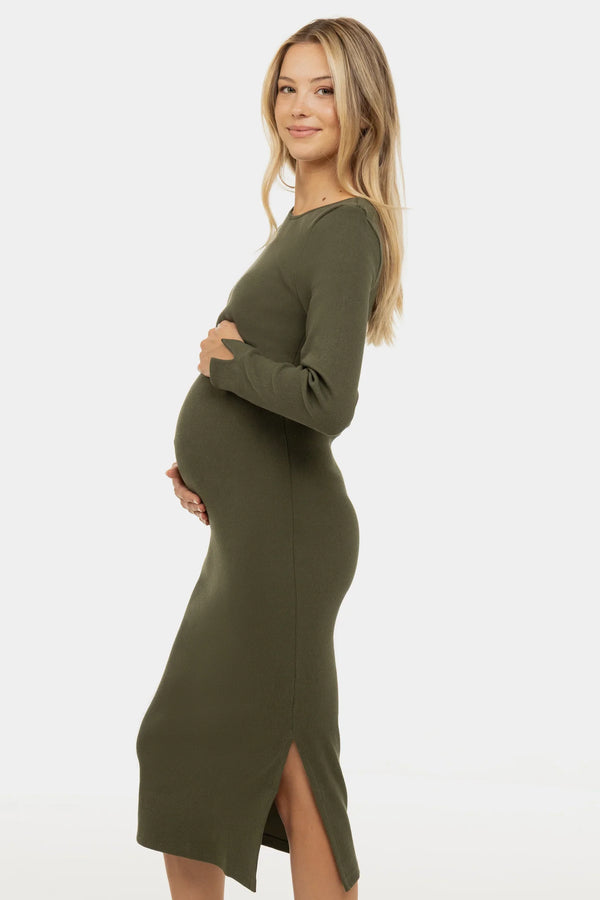 Langes geripptes Umstands- und Stillkleid mit langen Ärmeln – Khaki