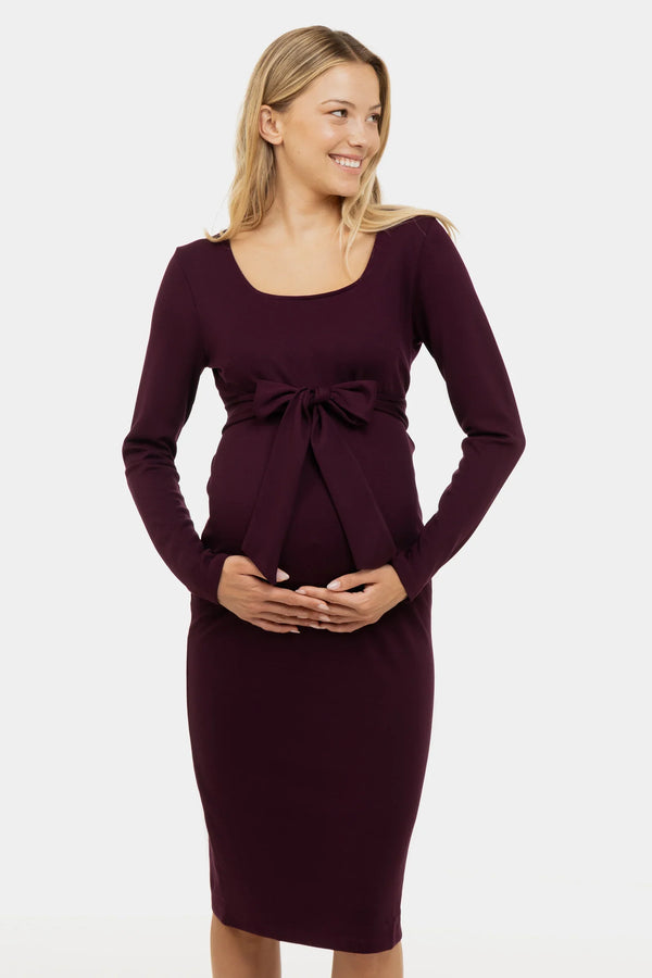Elegantes langes Umstandskleid mit breitem Gürtel – Bordeaux