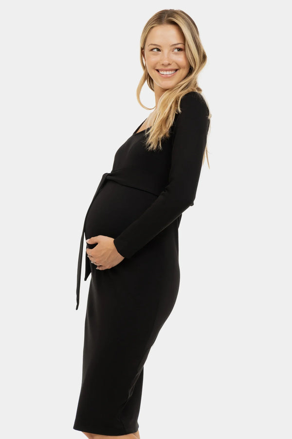 Elegantes langes Umstandskleid mit breitem Gürtel – Schwarz