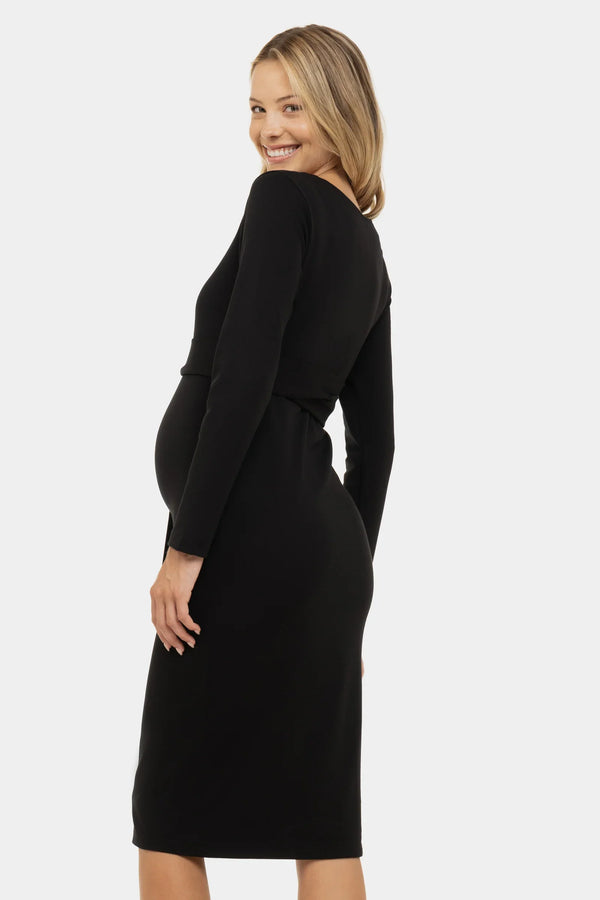 Elegantes langes Umstandskleid mit breitem Gürtel – Schwarz