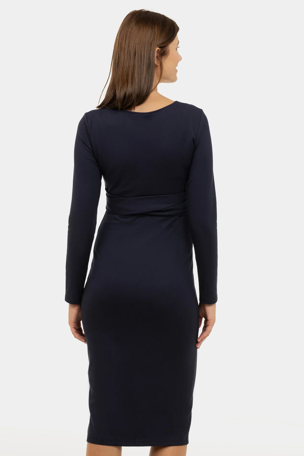 Elegantes langes Umstandskleid mit breitem Gürtel – Dunkelblau