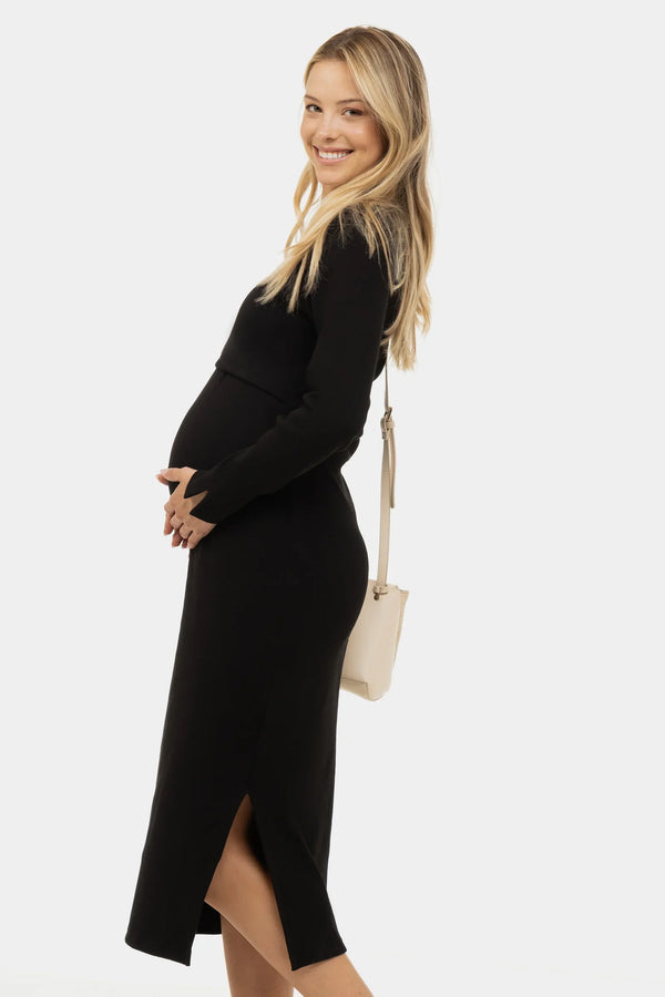 Langes geripptes Umstands- und Stillkleid mit langen Ärmeln – Schwarz