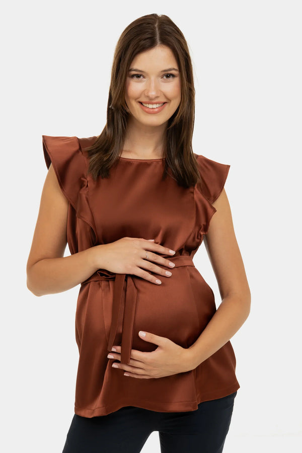 Satierte Umstands- und Stillbluse mit Volantärmeln – Bronze