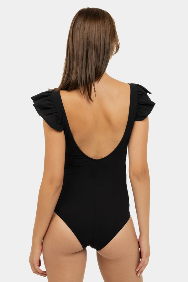 Umstandsbadeanzug mit Stillfunktion und Volantärmeln – Schwarz