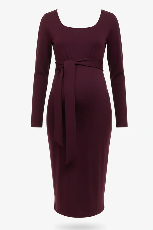 Elegantes langes Umstandskleid mit breitem Gürtel – Bordeaux