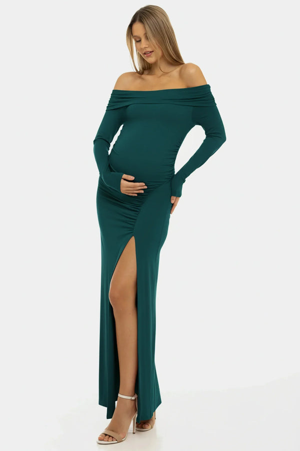 Langes elegantes Umstandskleid mit Off-Shoulder – Teal