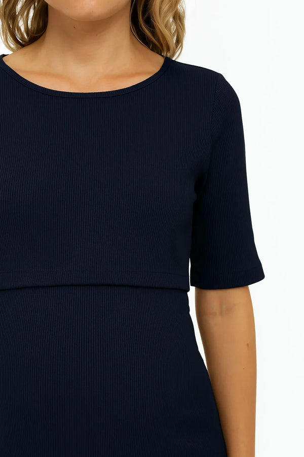 Tailliertes Umstands- & Stillkleid aus geripptem Baumwolljersey – Navy