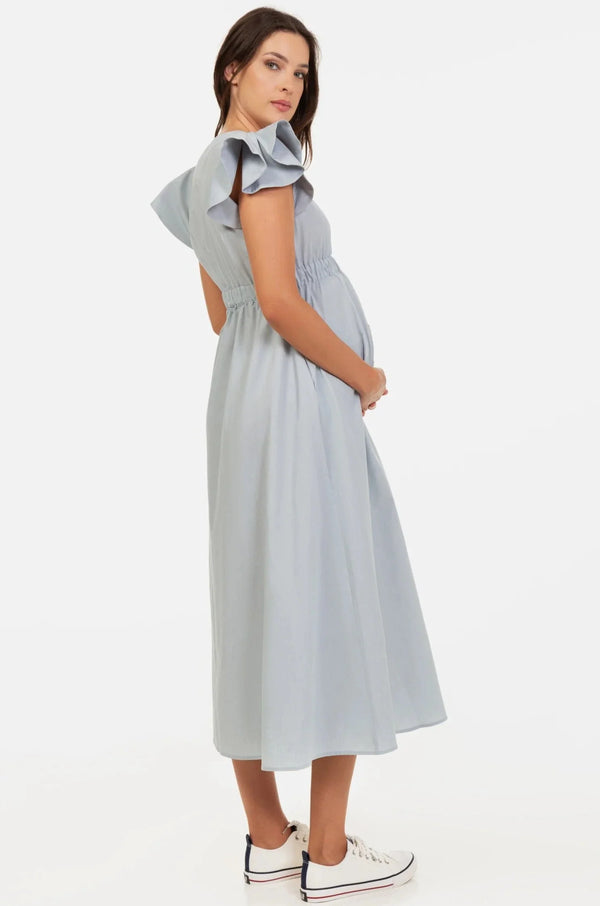 Langes Umstands- und Stillkleid aus Baumwolle mit Volants