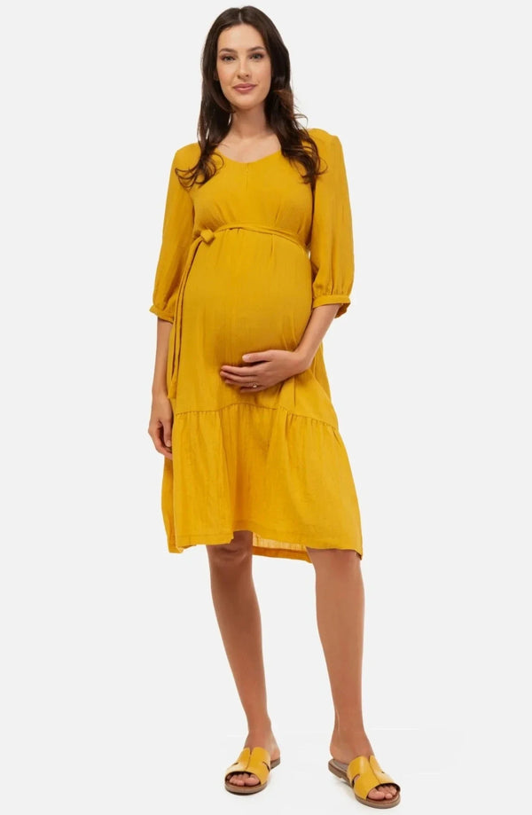 Umstands- & Stillkleid mit Volant und Crinkle-Struktur - Senfgelb