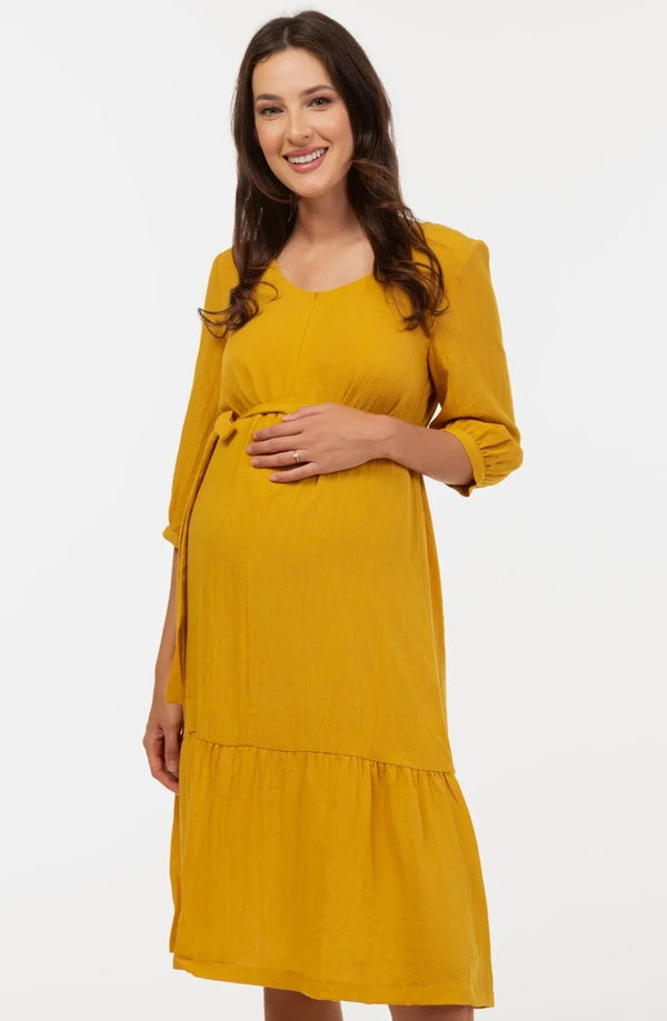 Umstands- & Stillkleid mit Volant und Crinkle-Struktur - Senfgelb