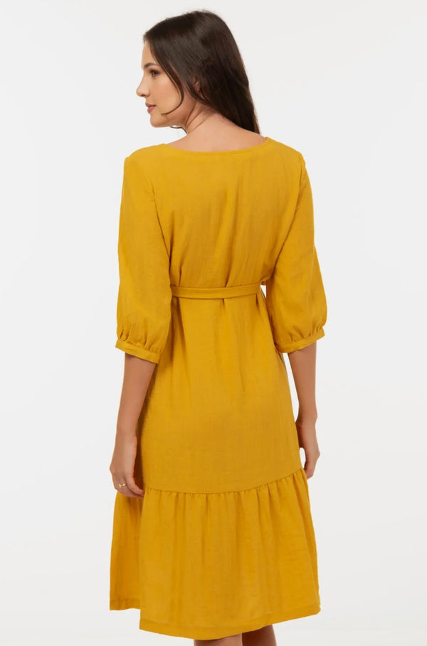 Umstands- & Stillkleid mit Volant und Crinkle-Struktur - Senfgelb