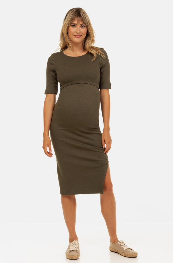 Tailliertes Umstands- & Stillkleid aus geripptem Baumwolljersey – Khaki