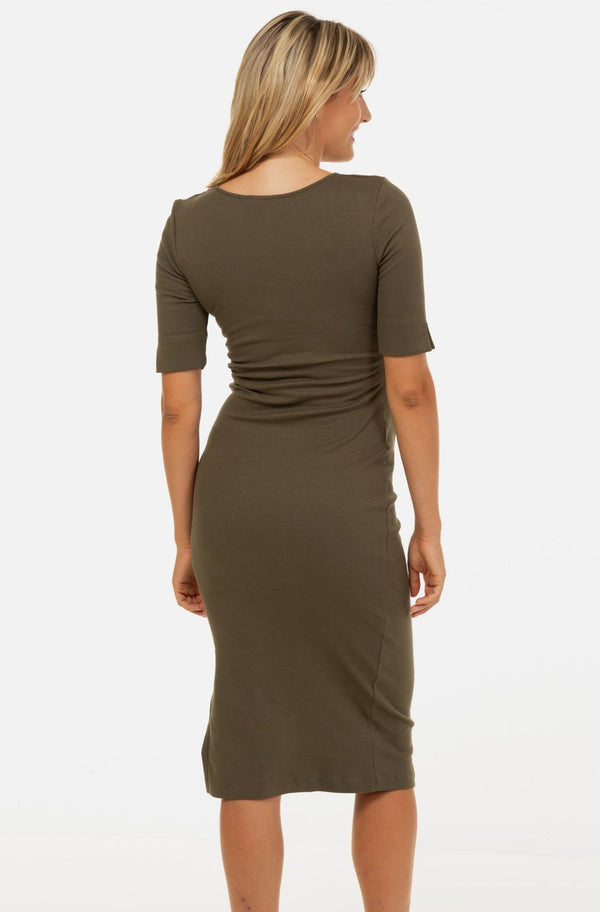 Tailliertes Umstands- & Stillkleid aus geripptem Baumwolljersey – Khaki