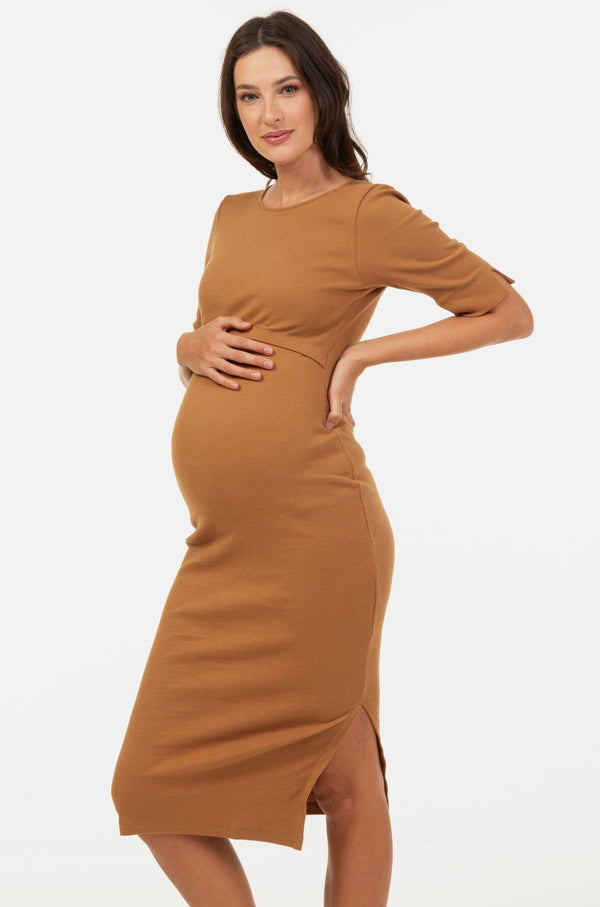 Tailliertes Umstands- & Stillkleid aus geripptem Baumwolljersey – Bronze