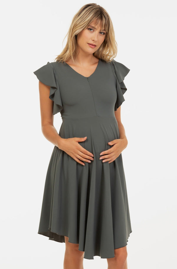 Luftiges Umstands- & Stillkleid mit Volantärmeln – Khaki