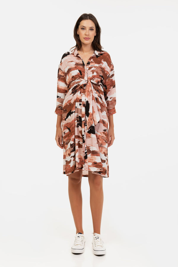 Umstands- & Stillkleid aus Crinkle-Stoff mit Bindegürtel