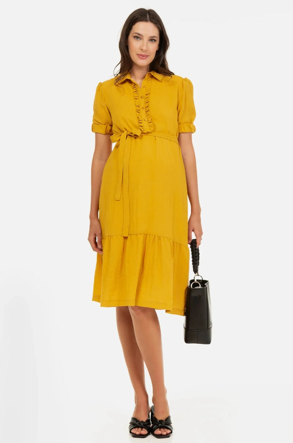 Umstands- und Stillblusenkleid mit Rüschen – Senfgelb