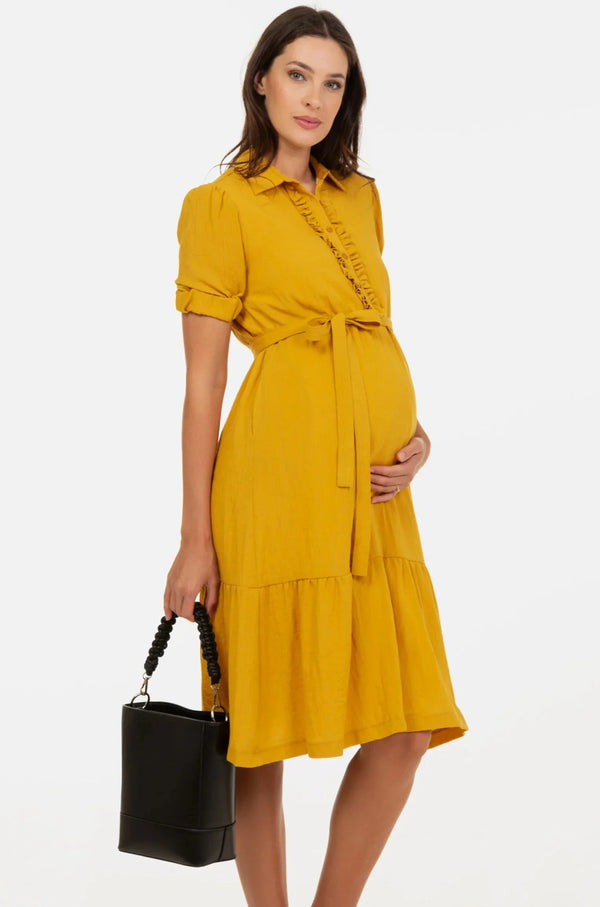 Umstands- und Stillblusenkleid mit Rüschen – Senfgelb