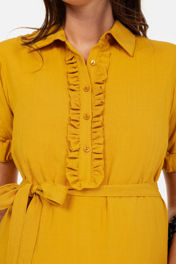 Umstands- und Stillblusenkleid mit Rüschen – Senfgelb