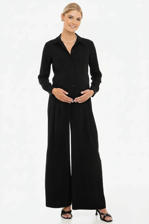 Elegante Umstandshose aus Crêpe Georgette mit feinen Falten – Schwarz