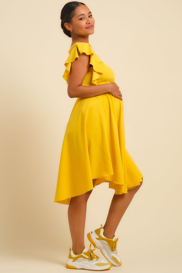 Luftiges Umstands- & Stillkleid mit Volantärmeln – Ocker