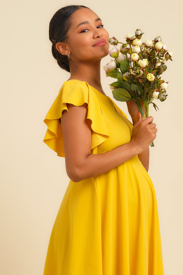 Luftiges Umstands- & Stillkleid mit Volantärmeln – Ocker