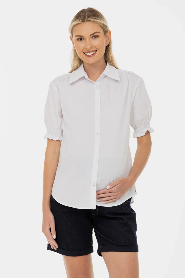 Weiße Umstands- und Stillbluse aus Baumwolle mit Puffärmeln