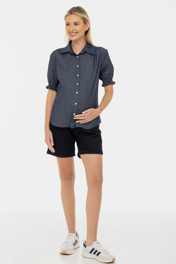 Umstands- und Stillbluse aus Denim mit Puffärmeln