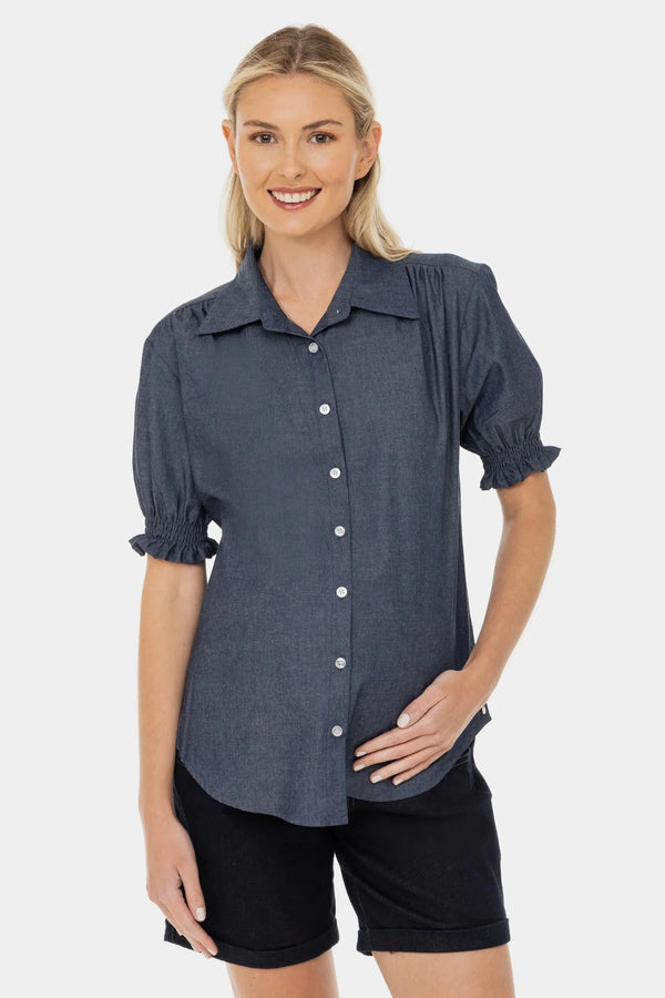 Umstands- und Stillbluse aus Denim mit Puffärmeln