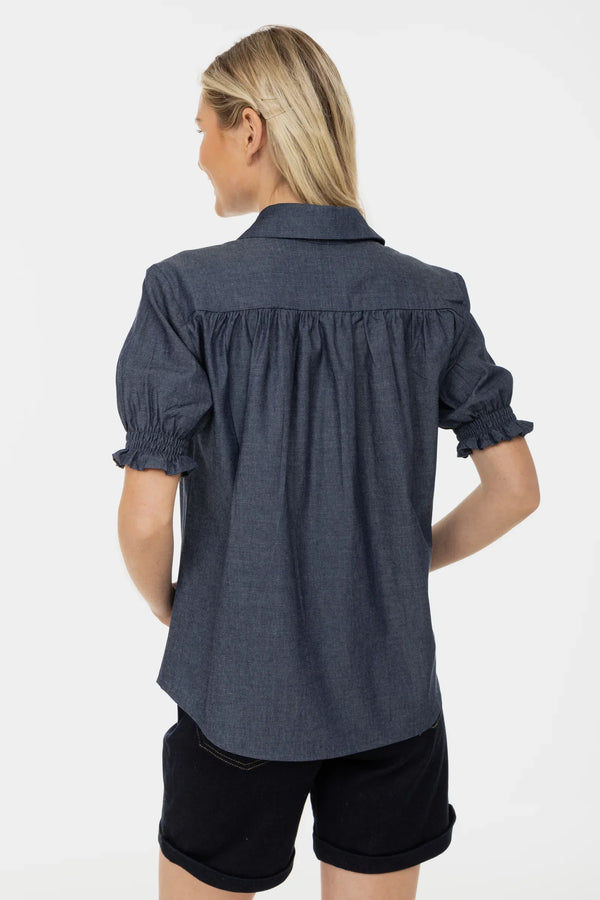 Umstands- und Stillbluse aus Denim mit Puffärmeln