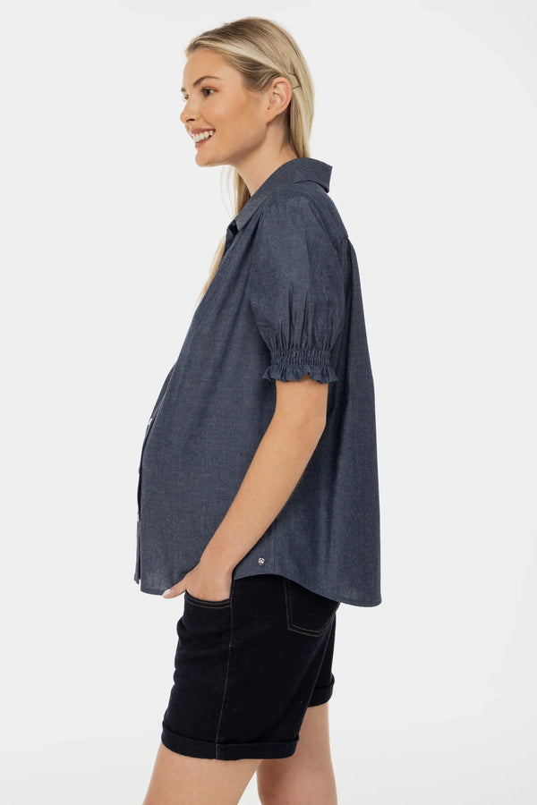 Umstands- und Stillbluse aus Denim mit Puffärmeln