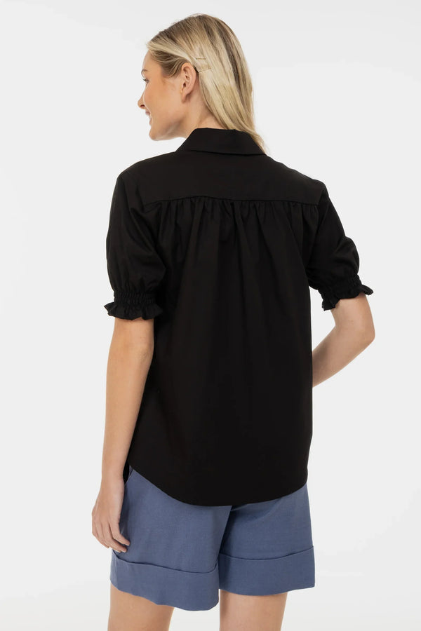 Zwarte katoenen zwangerschaps- en voedingsblouse met pofmouwen
