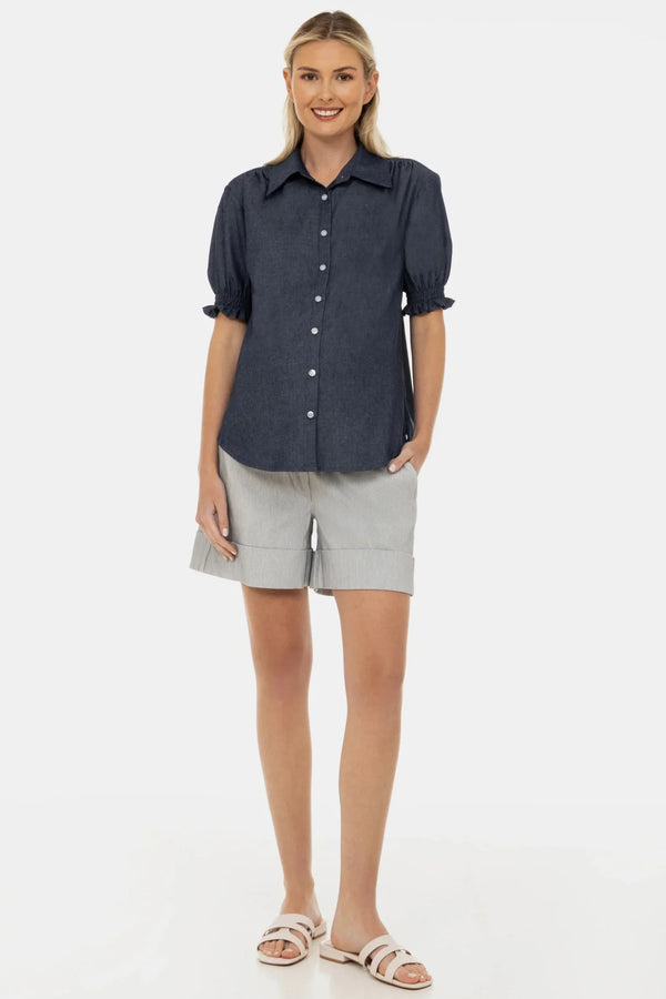 Umstands- und Stillbluse aus Denim mit Puffärmeln