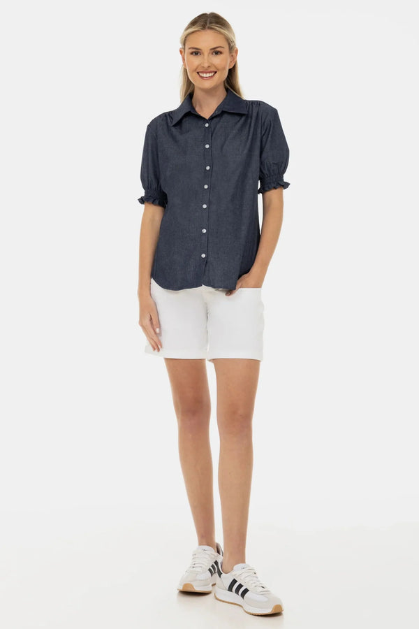 Umstands- und Stillbluse aus Denim mit Puffärmeln