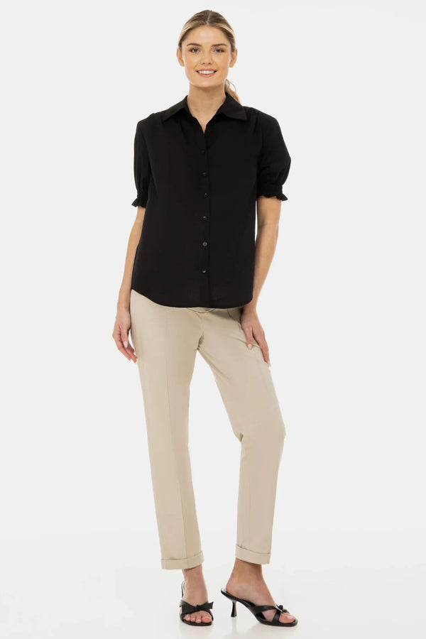 Zwarte katoenen zwangerschaps- en voedingsblouse met pofmouwen