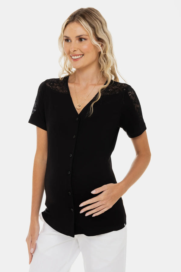 Umstands- und Stillbluse mit Spitzendetails – Schwarz