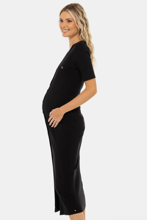 Umstands- und Stillkleid mit goldenen Knöpfen – Schwarz