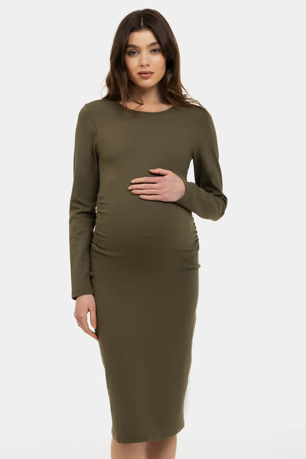 Langes Umstandskleid mit langen Ärmeln – Khaki