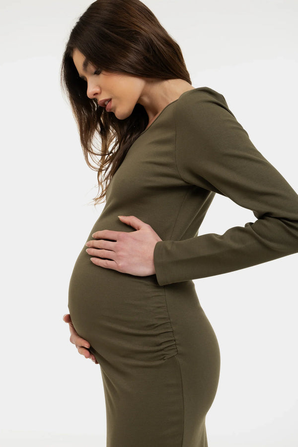Langes Umstandskleid mit langen Ärmeln – Khaki
