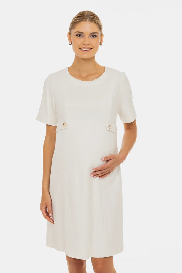 Elegantes Umstandskleid aus Bouclé mit goldenen Details