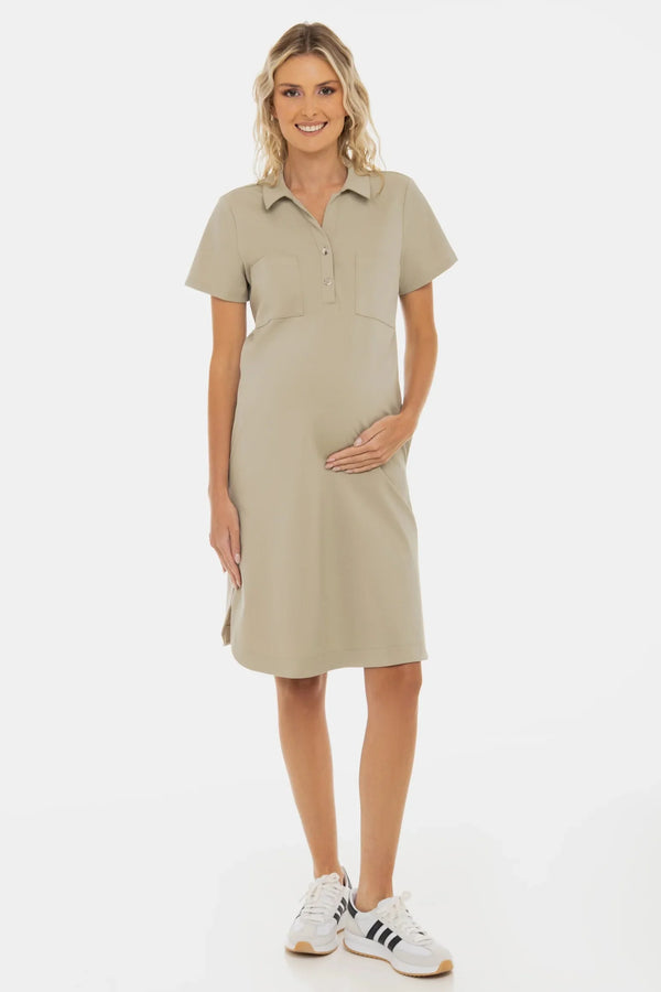 Umstands- und Still-Hemdblusenkleid mit Knopfleiste – Sandbeige
