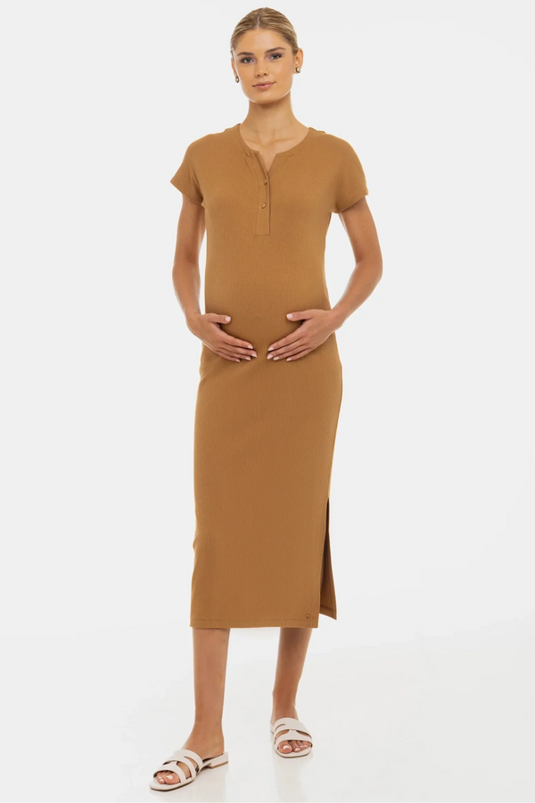 Umstands- und Stillkleid aus Rippjersey mit Knöpfen – Karamell