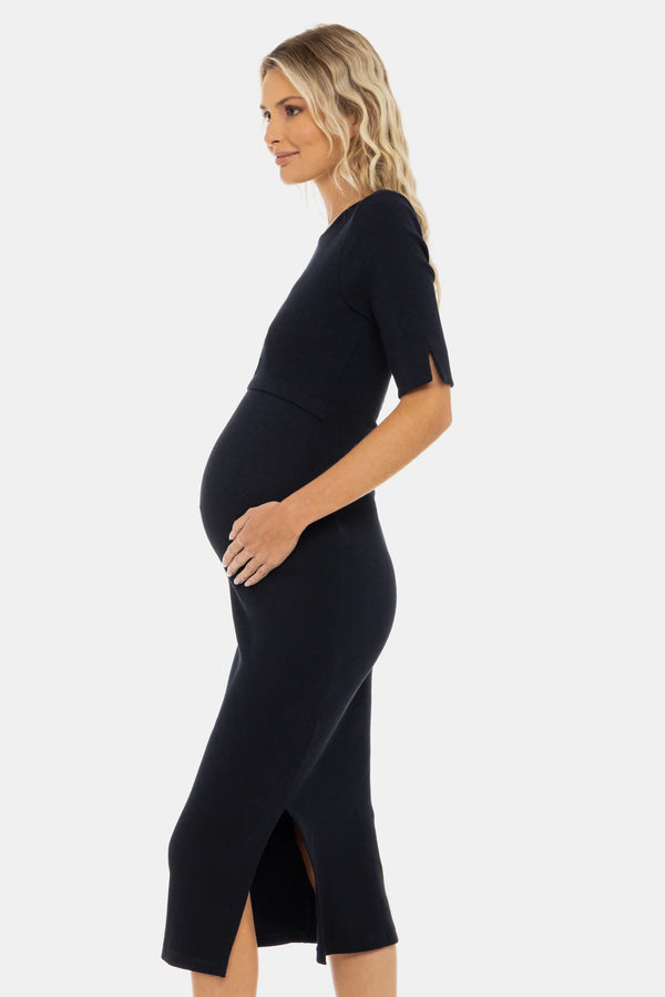 Tailliertes Umstands- & Stillkleid aus geripptem Baumwolljersey – Navy