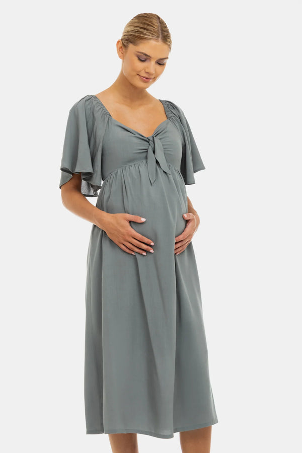 Sommerliches Umstandskleid mit elastischem Rücken und Schleife – Pastellgrün