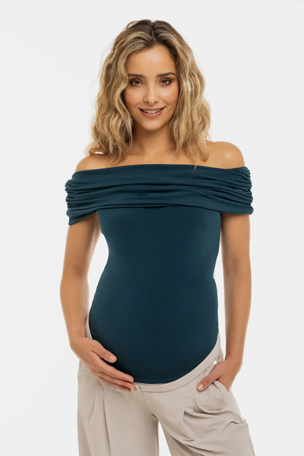 Elegante Umstandsbluse mit Off-Shoulder – Petrol
